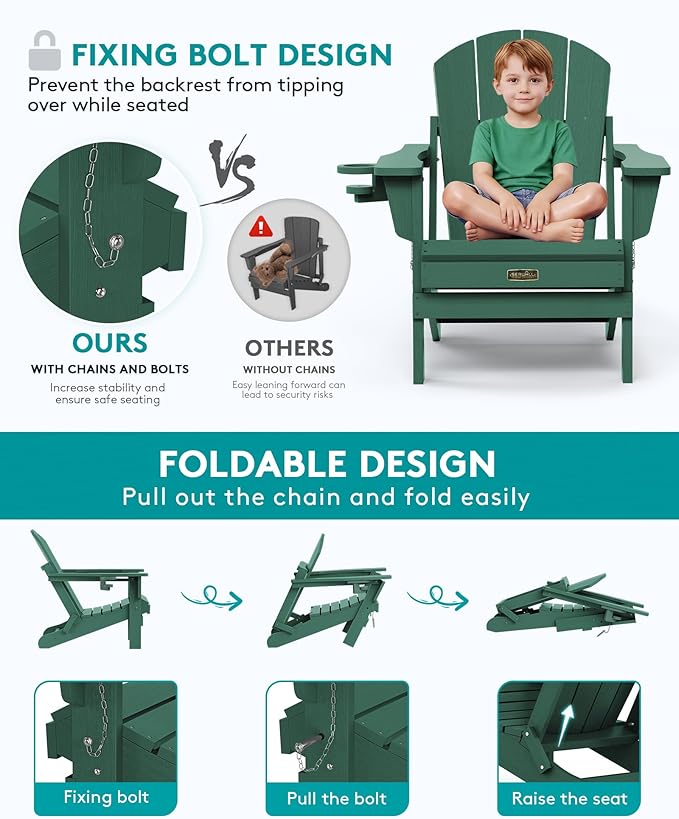 SERWALL Foldable Adirondack Chair Set of 4, Weather Resistant HIPS Patio Chairs with Cup Holder for Garden Outdoors Fire Pit Chairs-Green
