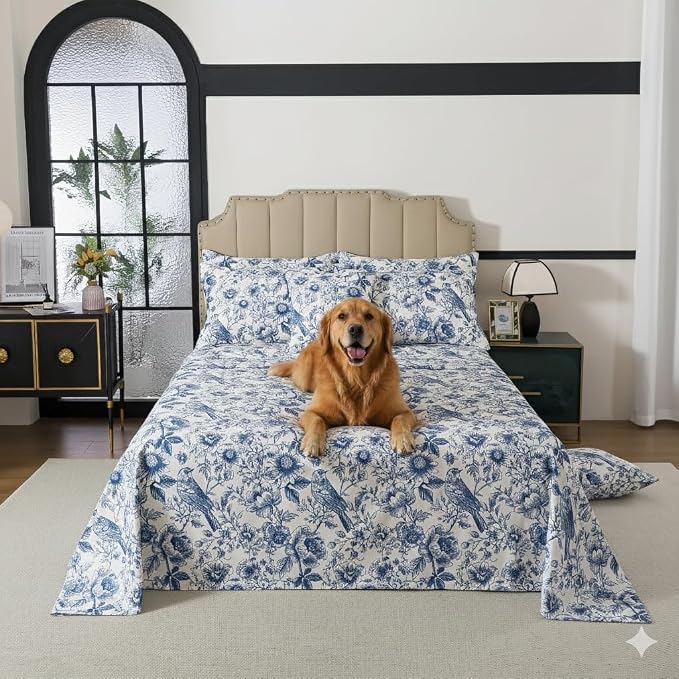 FADFAY Sunflower Bird Sheets Set Twin 100% Egyptian Cotton Blue Toile de Jouy Bedding Vintage Blue and White Floral Farmhouse Bedding Shabby French Country Sheets Deep Pocket Soft Breathable 4Pcs