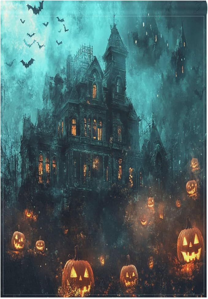 Halloween Spooky Castle House Flag 28x40 Inch Double Sided Outside Witch Bat Pumpkin Lantern Seasonal Yard Outdoor Flag Banner for Garden Lawn Patio Holiday Decorations