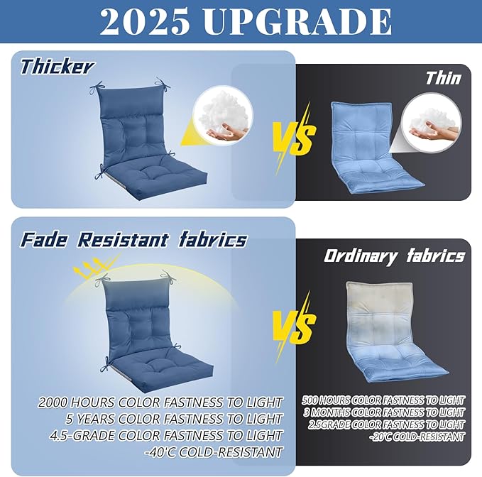 Sintuff 4 Pcs 44 x 21 x 4 Patio Chair Cushions Outdoor Chair Cushion Seat/Back Tufted Pillow with Ties Water Resistant Replacement Indoor Patio Furniture Outdoor Furniture (Solid Color,Denim Blue)