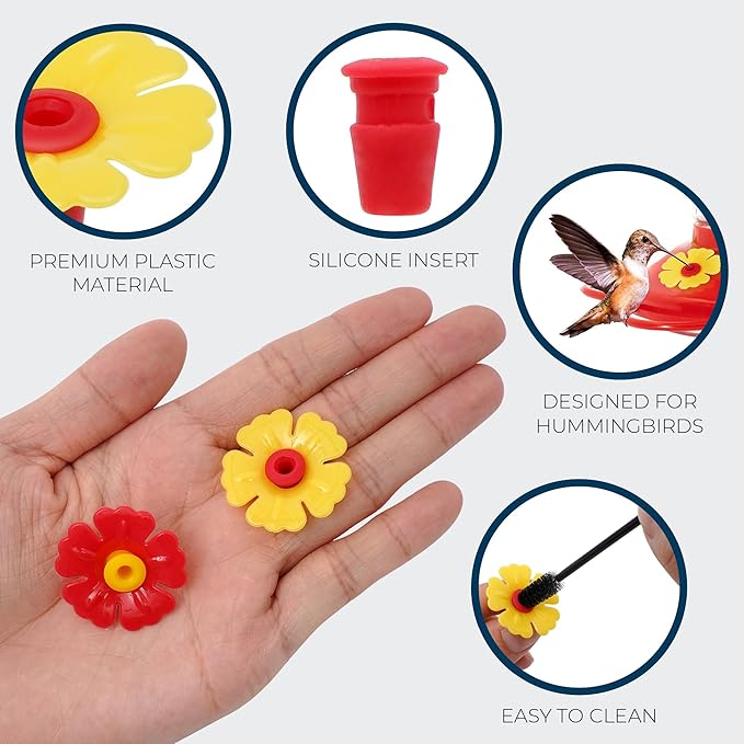 MEKKAPRO Humming Bird Feeder Replacement Flowers, 18 Flowers Replacement Set with 2 Cleaning Brushes, Hummingbird Feeder Replacement Parts (9 Red and 9 Yellow)