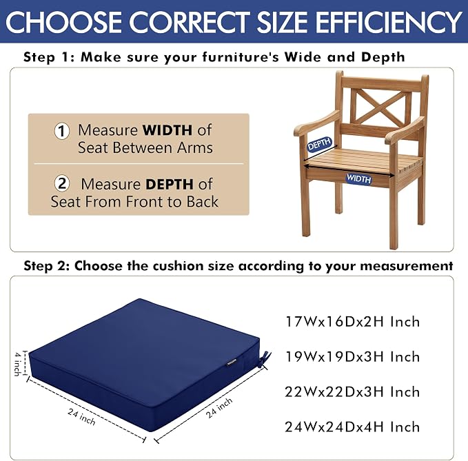 Outdoor Chair Cushions 24 x 24 Inch Water Resistant Patio Chair Cushions with Tie 3 Year Color Fastness Thick Outdoor Seat Cushion for Garden Lawn Patio Furniture Navy Set of 2