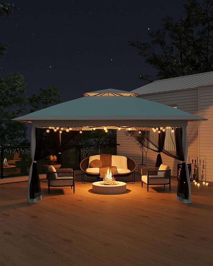 GarveeLife Canopy Tent 13x13 ft, Pop Up Gazebo One-Push Setup with 4 SandBags for Backyard Parties and BBQs, Mosquito Netting & Height Adjustable - Lake Blue