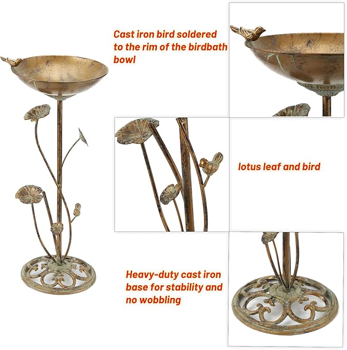 HLQMFHT Diam 11.4" W x 28.5" H Cast Iron Pedestal Bird Bath, Bird Baths for Outdoors,Vintage Metal Bird Bath Garden Yard Decoration