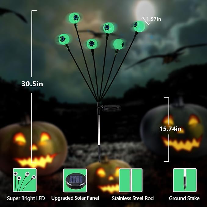 Solar Halloween Decorations Outdoor 6 Pack 36 LED Green Solar Eyeball Light | Newly 3-Tier Design, 2 Lighting Modes, Auto ON/OFF, IP65 Waterproof, Firefly Lights for Graveyard Lawn Garden Horror Party