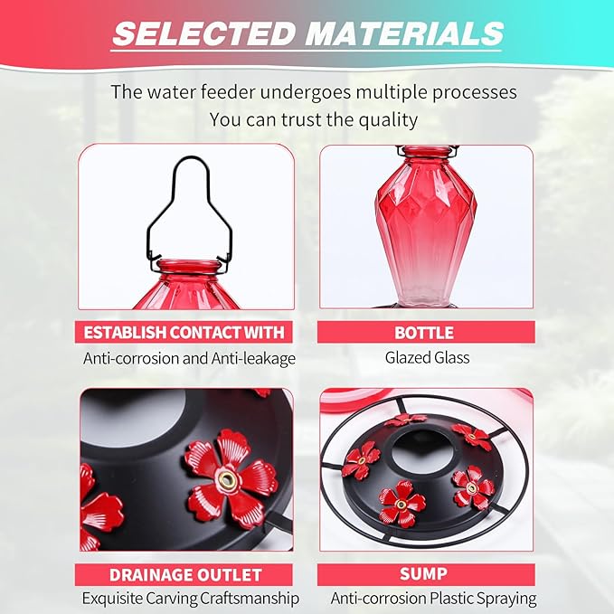 Glass Hummingbird Feeder for Outdoors Hanging, 25Oz Humming Bird Nectar Feeder, Perch, 5 Flower Feeding Ports, Leak Proof Base, Hook for Outside Garden Backyard, Gift for Women Mom, Diamond Red