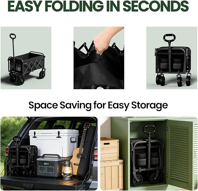 Foldable Wagon, Collapsible Wagon with Wheels, Small Wagons Cart with Flexible Handle, Portable Grocery Utility Wagons for Camping, Garden, Sports, Black