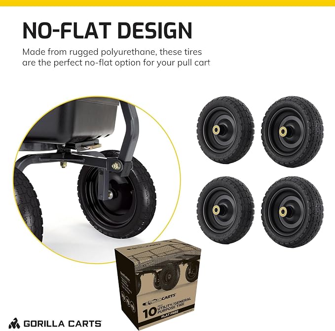 Gorilla Carts 2-Pack 10 Inch No-Flat Replacement Tires, 300 lb Capacity Each – Solid Polyurethane, 2.16” Hub, 5/8” Bore – Fits Lawn & Garden Utility Wagon, Hand Truck, Air Compressor, Pressure Washer