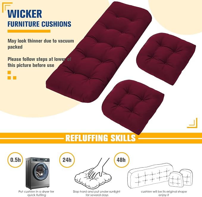 Patio Furniture Cushions Outdoor, Waterproof Wicker Chair Cushions Set of 3, 1 Loveseat & 2 Seat Pads, Thick Outdoor Replacement Cushions for Porch Lawn Bench Couch Sofa Swing, Burgundy