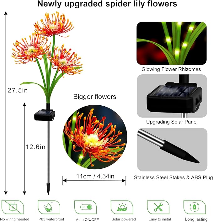 Solar Garden Flower Lights Outdoor,8 Pack Orange Spider Lily Lights with Glowing Stems,Waterproof Fall Decor Solar Yard Decor for Patio Lawn Pathway,Thanksgiving Garden Gifts for Women Mom Grandma