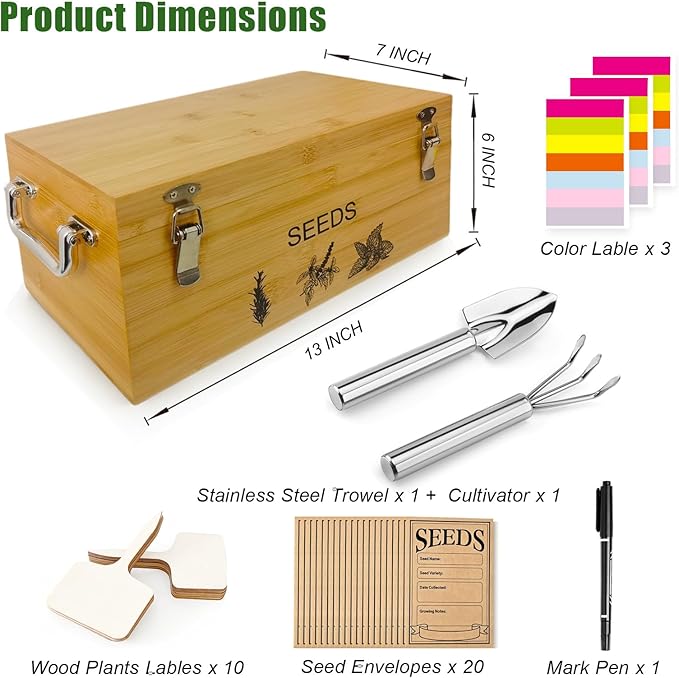 Natural Bamboo Seed Storage Organizer Box – Large Seeds Saver Kit Included Stainless Steel Garden Tools, 20 Seed Envelopes, 10 Wooden Plant Labels, Mark Pen & 3 Color Stickers