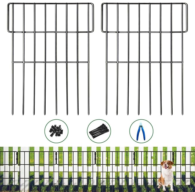 ULIOK Animal Barrier Fence, 25 Panels No Dig Fence, 27ft(L) x 17in(H) Dog Fencing Rabbit Fences, 1.52in Spike Spacing Rustproof Metal Fences Border for Outdoor Yard with Cable Ties and Cutting Plier
