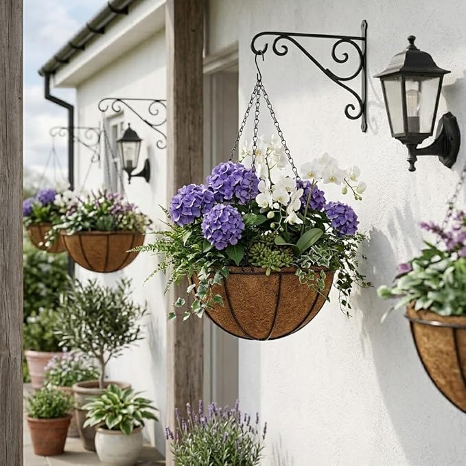 10 Inch Metal Hanging Basket with Coco Coir Liner for Flowers Planting, 2 Pack Hanging Baskets for Plants Outdoor, Round Wire Planters with Chain for Home Patio Porch Balcony Garden Decor