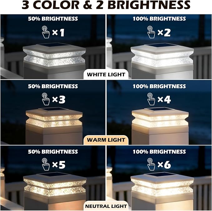 Solar Post Cap Lights, 6 Pack Deck Fence Cap Light for 4x4 5x5 Wood/Vinyl Posts, 3 Color Modes, LED Deck Post Lights Solar Powered Waterproof, for Patio Porch Garden Decoration, White
