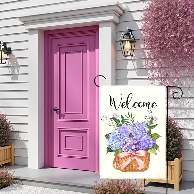 Hydrangea Spring Garden Flag Welcome Summer Yard Flags Blue Hydrangeas Floral Basket Double Sided House Banners Front Porch Patio Lawn Seasonal Flowers Outside Yard Outdoor Decor 12x18 Inch