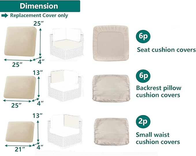 Outdoor Cushion Covers Replacement 14 Pcs Patio Cushion Covers fit for 7Pieces 6-Seater Wicker Rattan Sectional Couch Sofa Outdoor Cushion Slipcovers Set Seat and Back Cover Only, Apricot