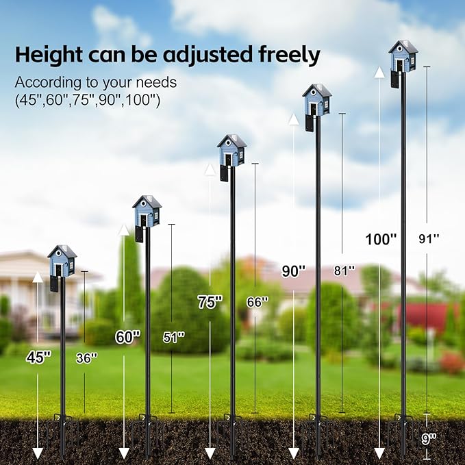 Bird House Pole,100" Outdoor Bird Feeder Pole Kit Stand with 5-Pronged Base, Adjustable Height & Universal Mount for Easy Setup, 2 Installation Methods, Matte Black Finish (Without Bird House)