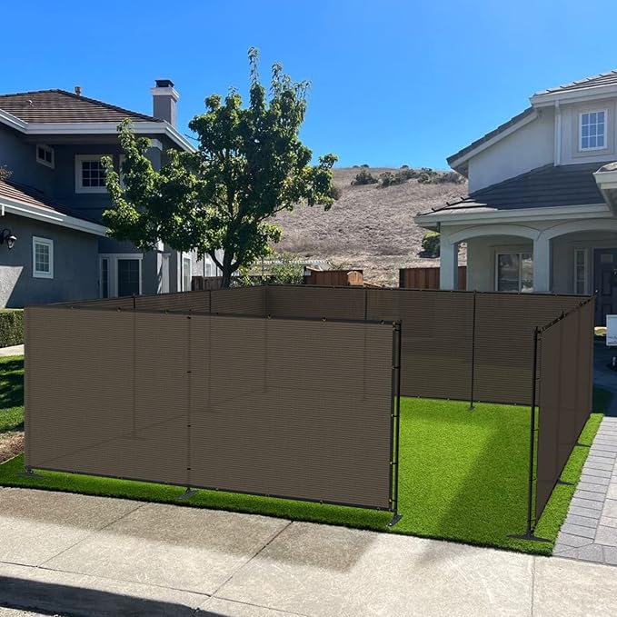 6'x23' Privacy Fence Kit Freestanding Mesh Screen with Iron Poles Temporary Fencing Outdoor Patio Backyard Divider Dog Air Conditioner Trash Fence Brown Custom