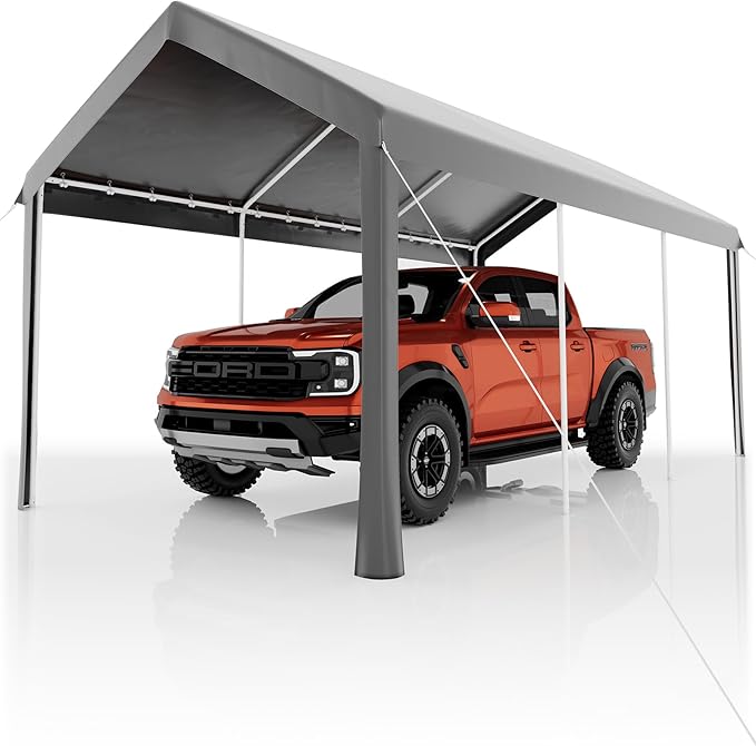 10X20Ft Heavy Duty Carport, Portable Heavy Duty Garage Shelter with Powder Coated Steel Frame, Waterproof UV-Resistant Triple-Layer Tarp, Garage Tent for Cars, Trucks and Boats, Grey