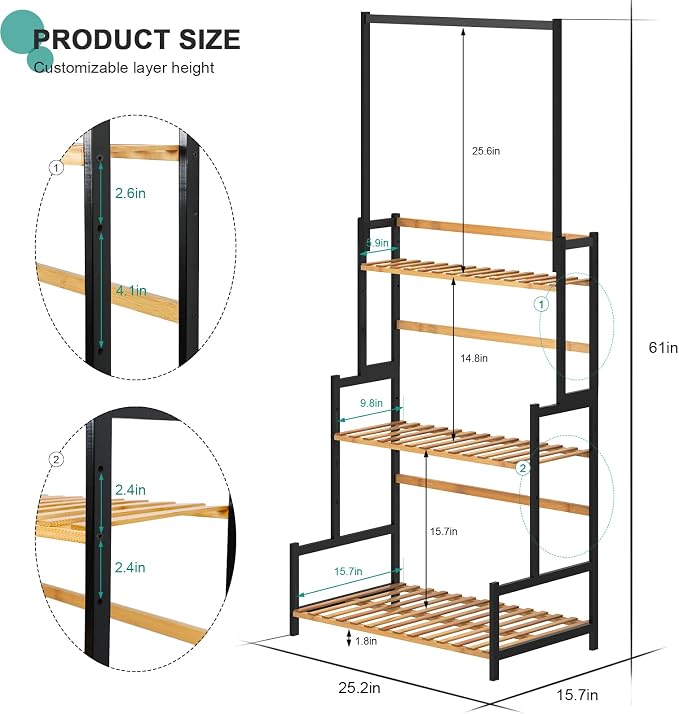 Ufine Bamboo Hanging Plant Stand 3 Tier Ladder Shelf with Hanging Rod | Height Adjustable Flower Pot Display Organizer for Balcony Porch Living Room