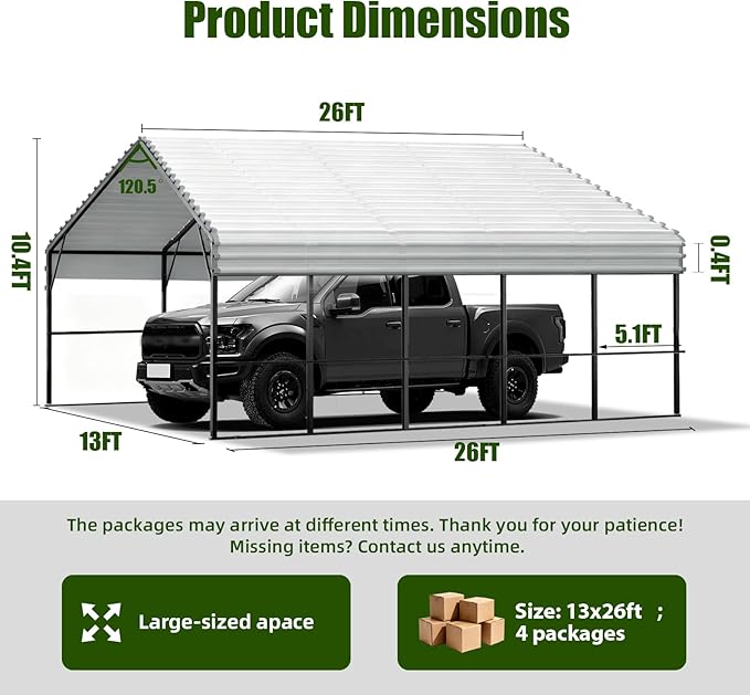 Metal Carport Heavy Duty 13x26ft Outdoor Galvanized Steel Car Port, Vehicle Canopy Garage Shade, Multi-Use Shelter for Car, Boat, Tractors & Outdoor Storage