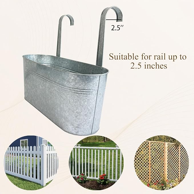 Balcony Galvanized Hanging Planters Railing Flower Pots, Outdoor Metal Fence Planter Pot with Detachable Hooks Drain Hole for Garden Patio Yard Decor (17 Inch, 8Pcs)