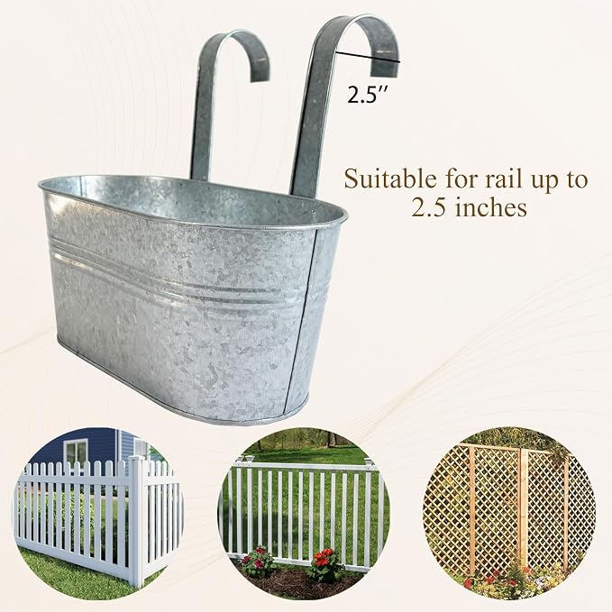 Balcony Galvanized Hanging Planters Railing Flower Pots, Outdoor Metal Fence Planter Pot with Detachable Hooks Drain Hole for Garden Patio Yard Decor (10 Inch, 6Pcs)