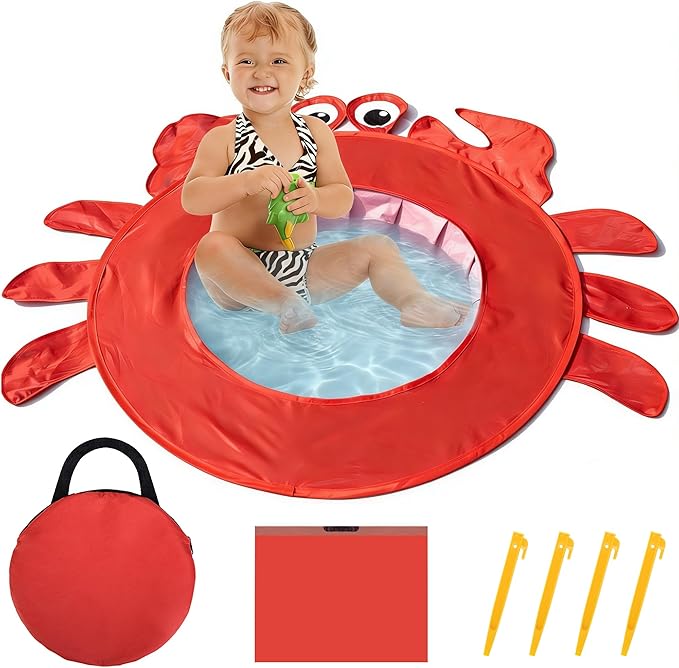 RunNico Pop Up Beach Pool, Portable Toddler Beach Pit with Water Bag and Storage Bag, Cute Shape Beach Pool Puddle for Outdoor Summer Beach Camping Traveling Vacation (Crab)