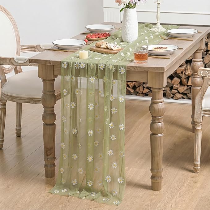 Horaldaily Sage Green Embroidery Daisy Spring Summer Gauze Tablecloth 52×70 Inch Rectangular, Seasonal Tulle Table Cover, Garden Party Decorations for Wedding, Party, Holiday Dining
