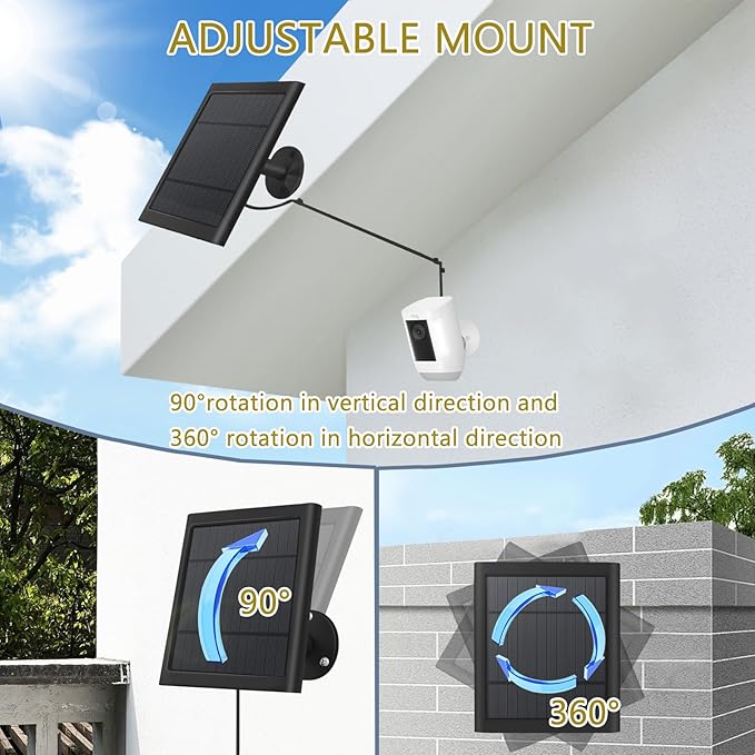 1 Pack - Solar Panel for Ring Security Camera Spotlight Cam Plus/Pro(Battery) Stick Up Cam/Pro Wireless Outdoor with 10FT/3M Long Cable Dustproof Waterproof BK