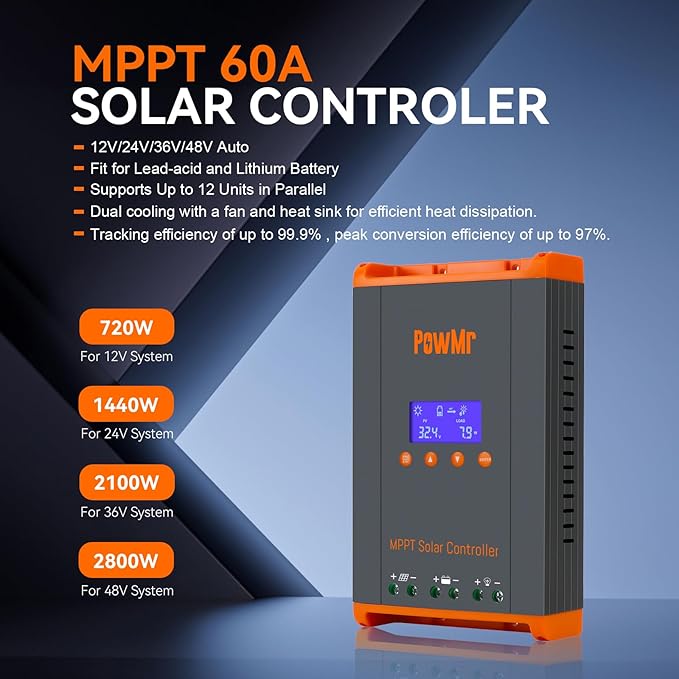 PowMr 60A MPPT Solar Charge Controller 12V/24V/48V, Solar Charge Controller 60Amp w/ LCD Display, Support 12(Max) Solar Regulator Connections in Parallel, Work with Lead-Acid and Lithium Batteries