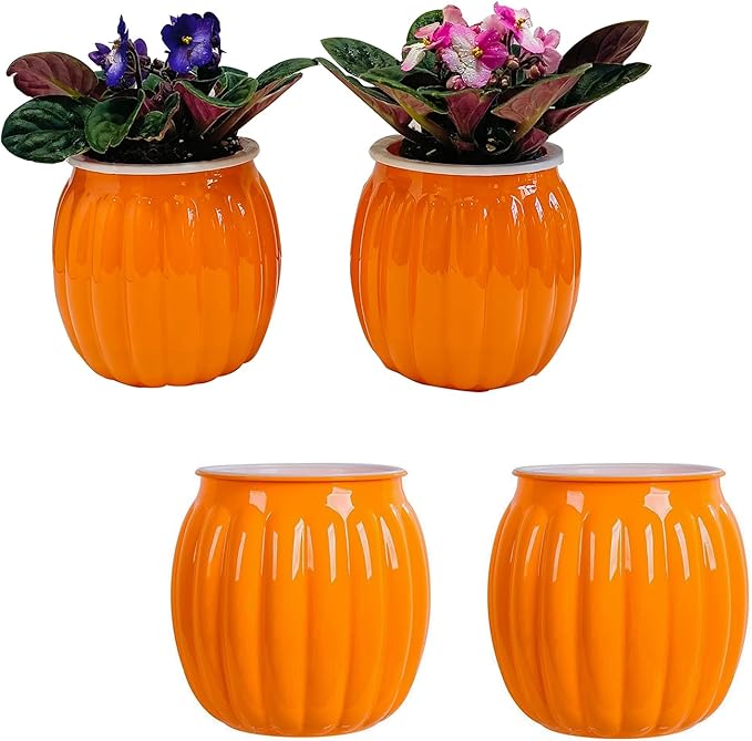 Cornasee 4" Pumpkin Planter Self Watering Pot for Halloween Decor, 4-Pack Small Plastic Planters for Indoor Plants,Flowers,Succulent,African Violets (Orange, 4")