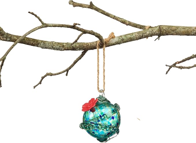 Red Carpet Studios Hummingbird Feeder Hand-Blown Art Glass, Hanging Birdfeeder with Red Flower Feeding Port, 5.5" Blue Planet