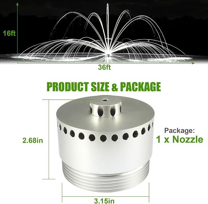 Goldlife Pond Fountain Aerator Nozzle - 1 x N2 Nozzle, Al-Alloy Silver, 36ft Wide 16ft High three-Layer Water Spray Sprinkler Head, Replacement Fountain Aerator Pump Nozzle for Garden Pond Lake