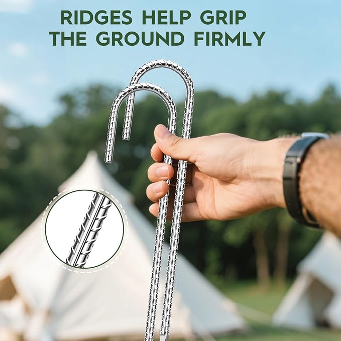 Homwin 12 inches Ground Stakes Heavy Duty 28 Pieces Metal Fence Rebar Stake 5/16" Diameter J Hook Ground Spikes, Tent Stakes, Swing Set and Gazebo Anchors