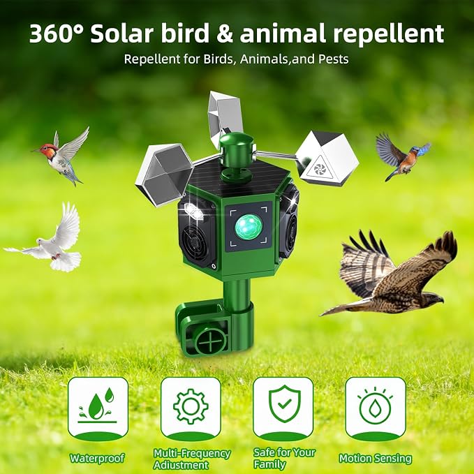 Solar Ultrasonic Bird Repellent Devices Outdoor&Woodpecker Deterrent with Reflective Bird Repeller-Reflective Rotating Goose Deterrent Suitable for Long-Term use Bird Deterrents for Outside