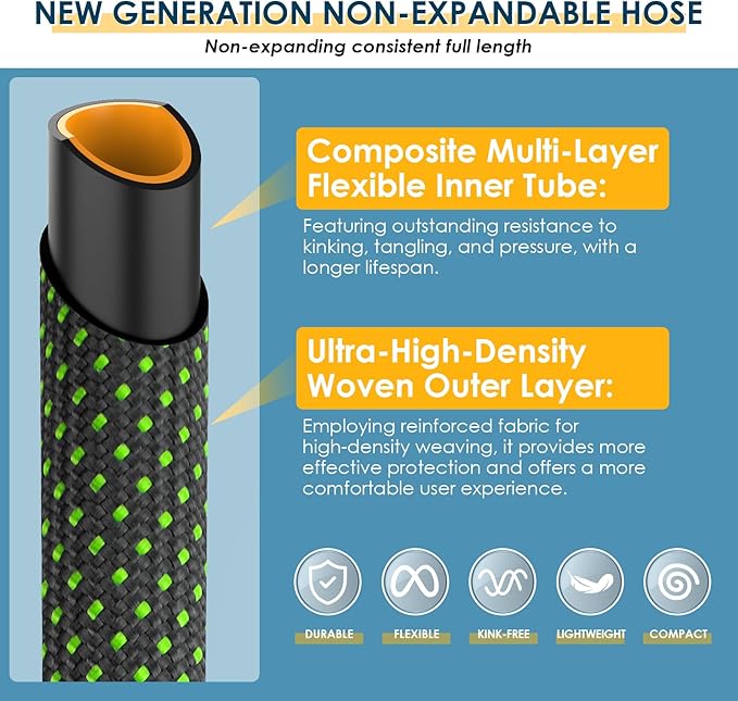 Non-Expandable Garden Hose 50 FT, Lightweight Hose with 10 Function Spray Nozzle, Kink-Free Flexible Water Hose, Durable, Leak-Proof, 360° Swivel Connectors, Portable Storage Strap