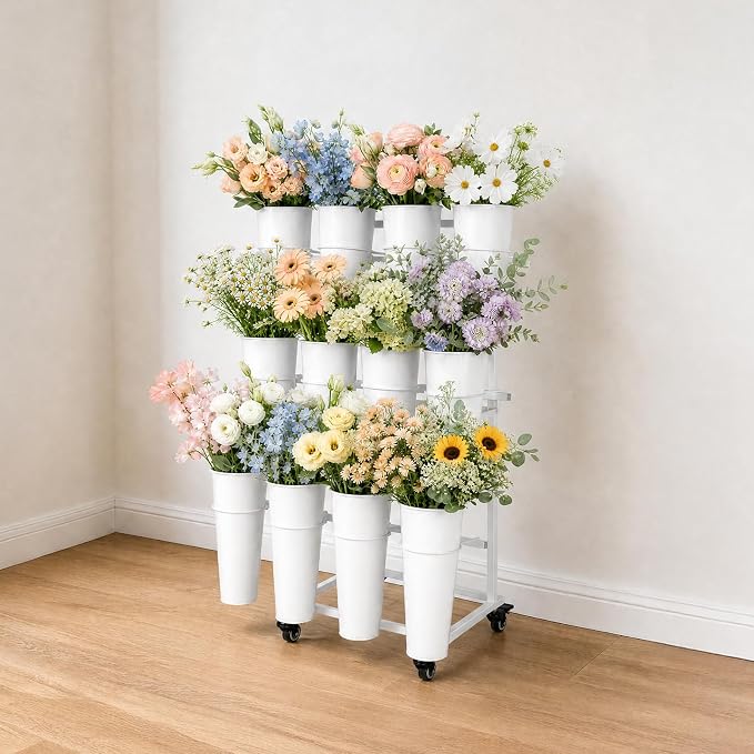 Flower Display Stand With 12 Buckets,3-Tier Flower Bar Stand with Wheels,Flower Cart Display Stand for Florist Garden Wedding Home Decor