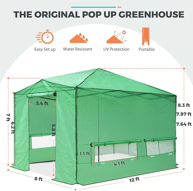 EAGLE PEAK 12x8 Portable Walk in Greenhouse, Pop Up Indoor Outdoor Greenhouse, Green House Kit with Zippered Roll-Up Doors, Windows + Support Pole, PE Cover, Clear/Green