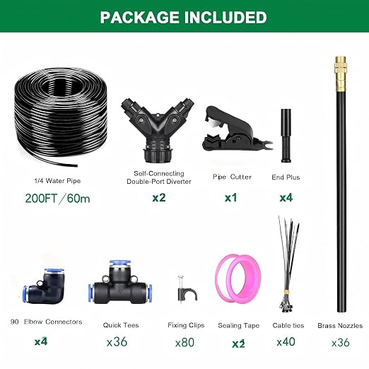 Drip Irrigation System with Brass Nozzles – 2026 Upgrade 200FT Garden Watering Kit with 36Pcs 360° Adjustable Misting Sprinklers Quick Connect Fittings for Raised Beds, Lawn, Patio