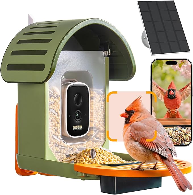 Smart Bird Feeder with Camera, 2.5K UHD Bird Feeder Camera Solar Powerd, Sensitive AI Identification, Instant Alerts Capture Video, IP66 Waterproof for Outdoor, Ideal Gift for Mom, Green