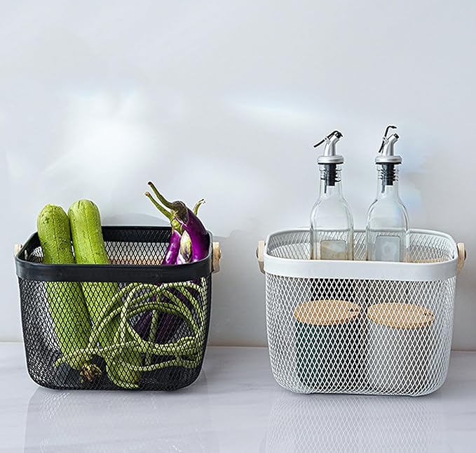 Cheardia 2 Pack Picnic Baskets, Metal Mesh Harvest Basket with Foldable Wooden Handle, Rectangle Garden Storage Basket Bin for Vegetable Fruit Garden Kitchen Cabinet Picking Gathering, White