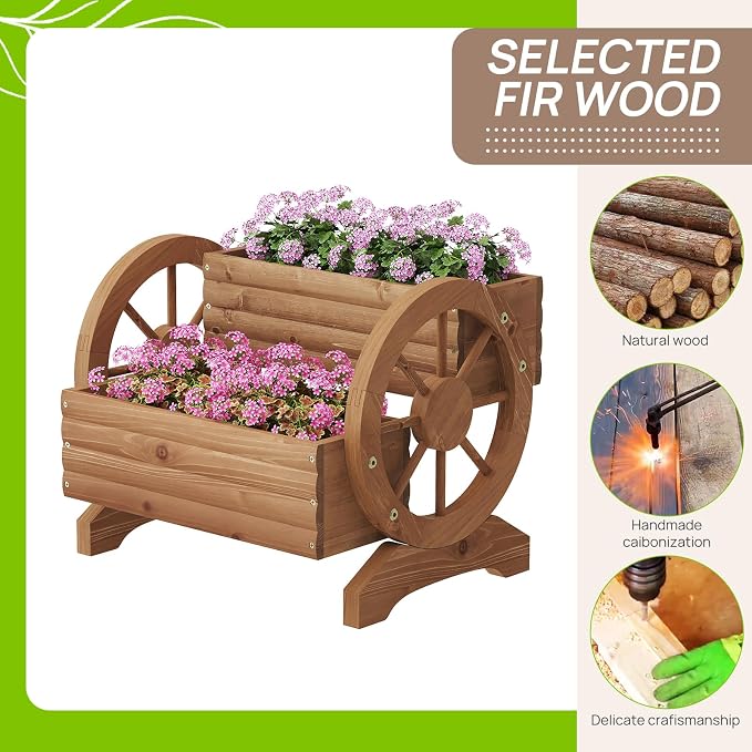 Wooden Wagon Planter with Wheels, Brown, Large | Flower Pots Outdoor Flower Cart, For Patio Balcony Decoration, Succulent Flower Pot, Indoor Backyard Yard Decor