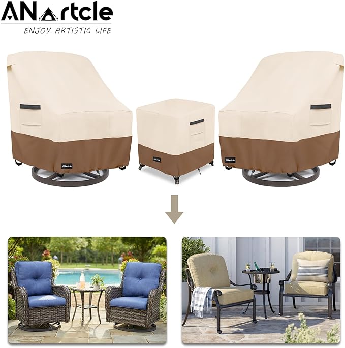 ANartcle 3 Pieces Patio Bistro Sets Cover,600D Waterproof Heavy Duty Patio Furniture Covers,Includes 2 Outdoor Swivel Chair Covers and 1 Patio Wicker Side Table Cover(Beige&Brown)