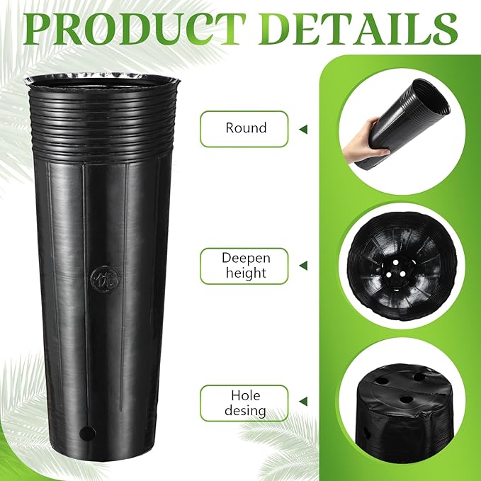 100 Pack Tall Tree Pot 11.8'' x 4.7'', Black Plastic Deep Nursery Pots, Soft Deep Seedling Pots for Seed Starting, Plant Starter Cups with Drainage Holes for Flowers, Cutting & Transplanting