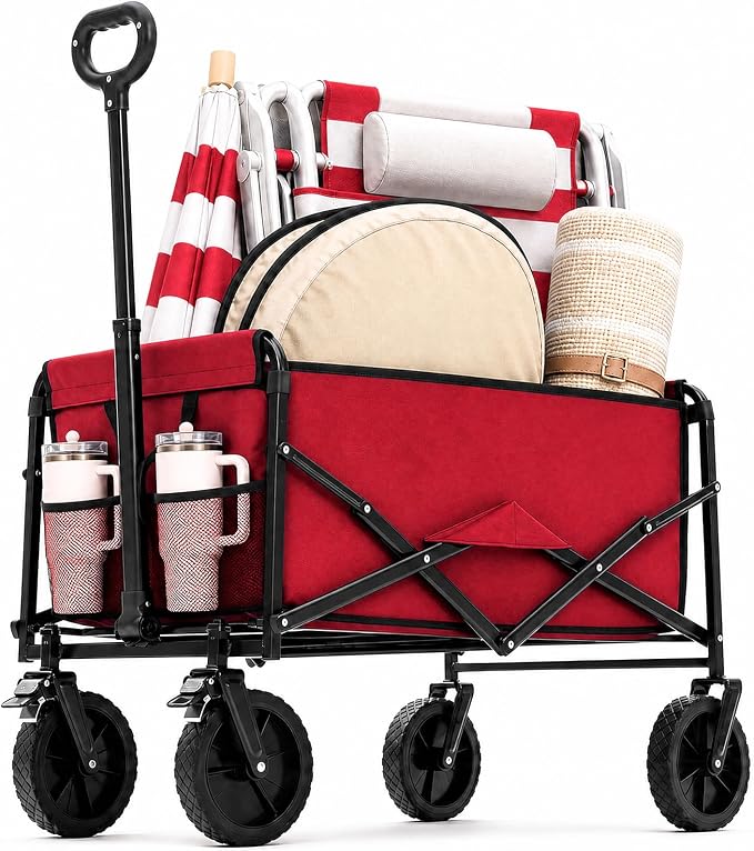 DUMOS Collapsible Wagon Cart, Heavy Duty Foldable Utility Wagon with Wheels – 220 lbs Capacity, Flexible Handle for Beach, Garden, Sports, Grocery & Camping, Red