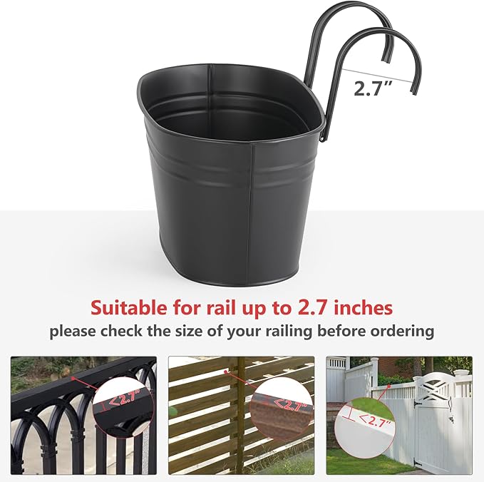 Dahey 10.5 and 15.7 Inch Metal Iron Hanging Flower Pots for Railing Fence Hanging Bucket Pots Countryside Style Window Flower Plant Holder with Detachable Hooks Home Decor