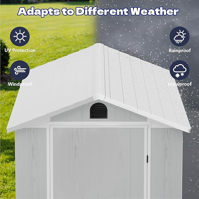 Greesum 4x8FT Plastic Storage Shed with Floor, Resin Outdoor Storaged Sheds with Lockable Door, All Weather Tool Shed with Window and Vent, Easy Assembly for Garden, Patio, Backyard, Light Gray