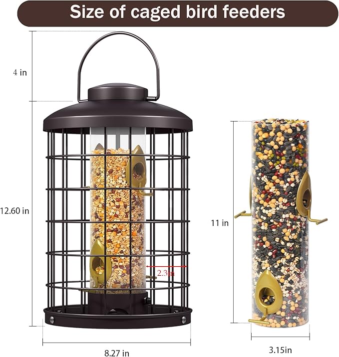 Mosloly Caged Bird Feeders Metal - 3 Lbs - Squirrel-Proof Wild Bird Feeders, Clear Tube Feeders Hanging Outside Starling Proof, Detachable Cleaning, 4 Feed Ports(Copper)