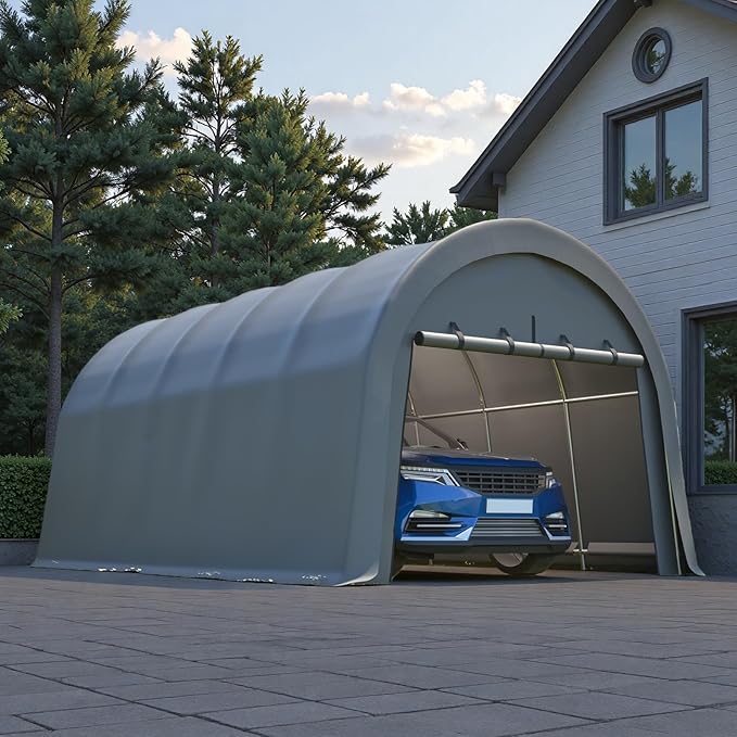 12x20 FT Anti-Snow Carport, Heavy-Duty Portable Garage with Steel Frame & Vented Roof, Removable Double-Zipper Door, Waterproof Outdoor Storage Shelter for Trucks, Boat, Easy Assembly, Grey